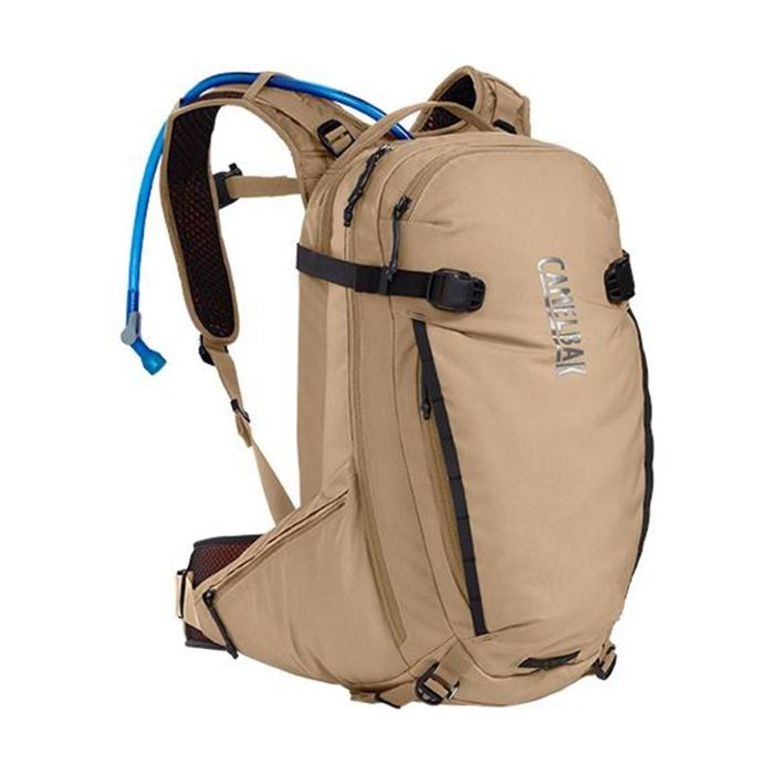 Camelbak H.a.W.G. Pro hydration pack in Moondust color, featuring a 20L capacity, 3L reservoir, adjustable straps, and a blue hydration tube.