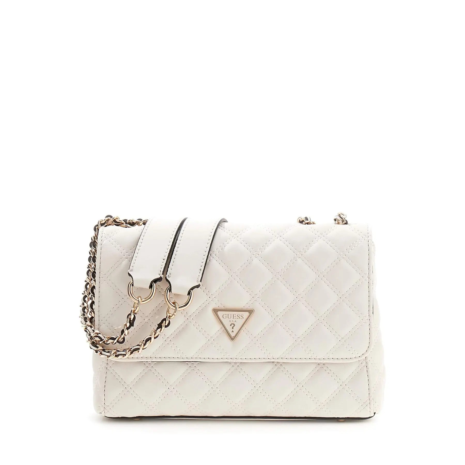 White quilted shoulder bag by Guess, featuring two compartments, a gold chain strap, and a logo plaque on the front.