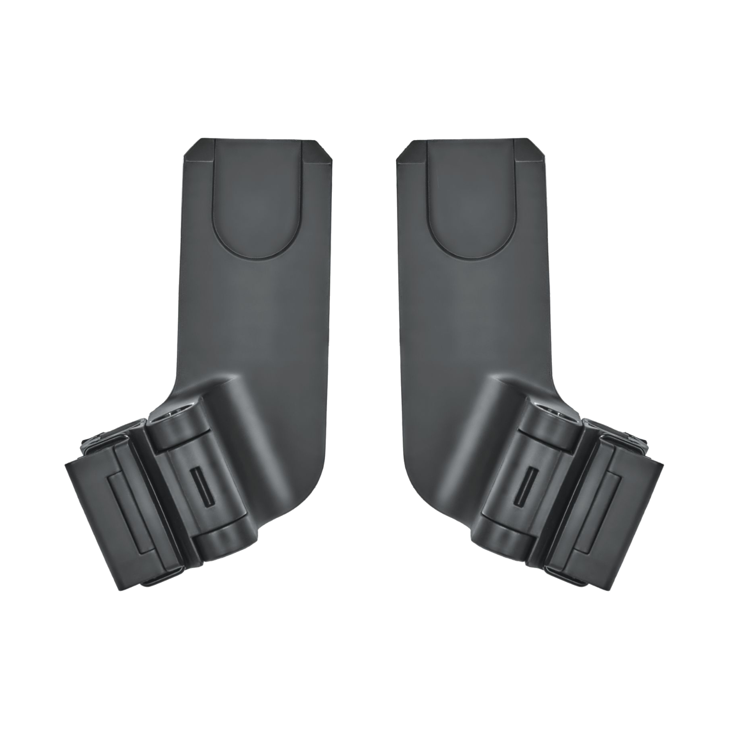 Black plastic adapters designed for the Cybex Libelle stroller, featuring a sleek, curved shape with a secure locking mechanism for easy attachment.