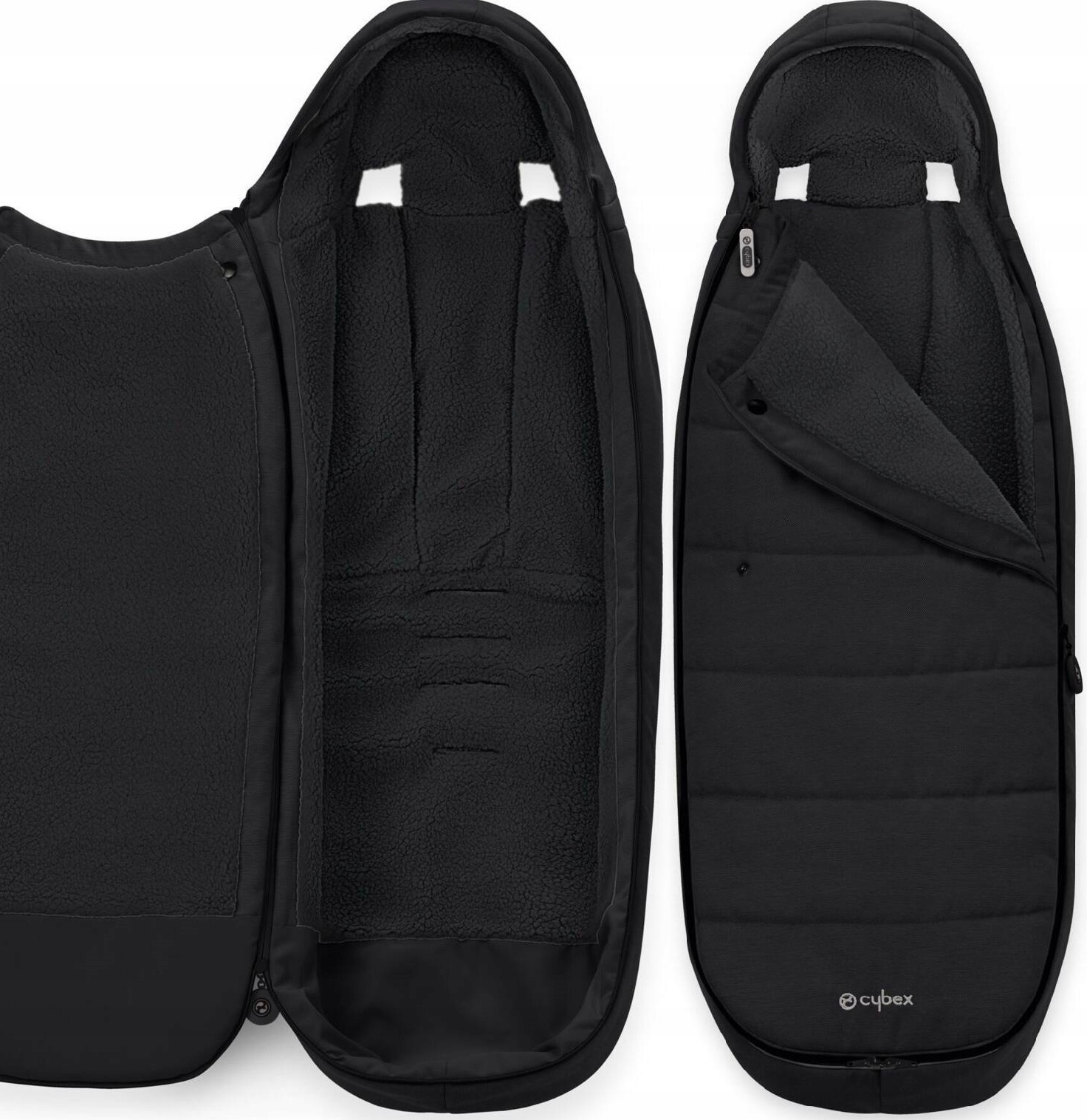 Black winter stroller sleeping bag by Cybex, featuring a soft fleece lining, lower zipper for easy access, and a sleek design suitable for various stroller models.