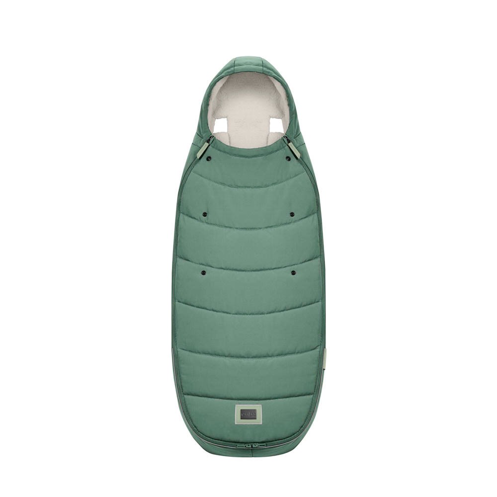 Leaf green Cybex Platinum Footmuff featuring a padded design, soft lining, and a hood for warmth, ideal for strollers and car seats.