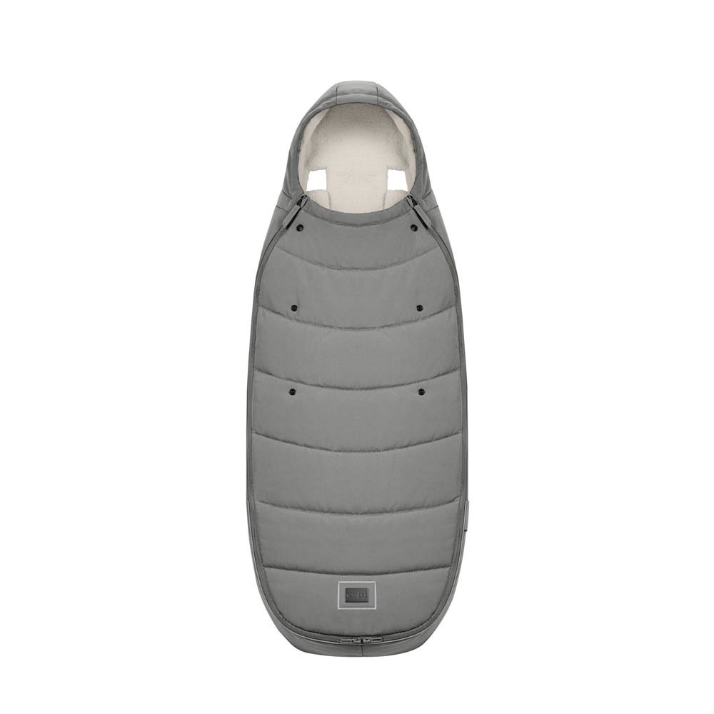 Cybex Platinum Footmuff in Mirage Grey features a sleek, padded design with a soft interior lining, designed for warmth and comfort in strollers.