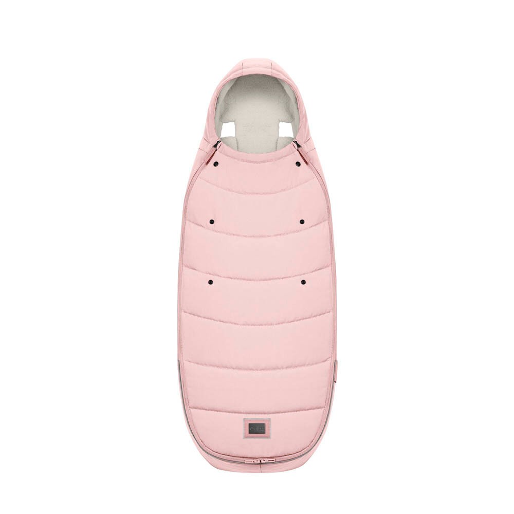Peach pink Cybex Platinum Footmuff with a soft, padded exterior, featuring a cozy lining, snap closures, and ventilation holes for comfort.
