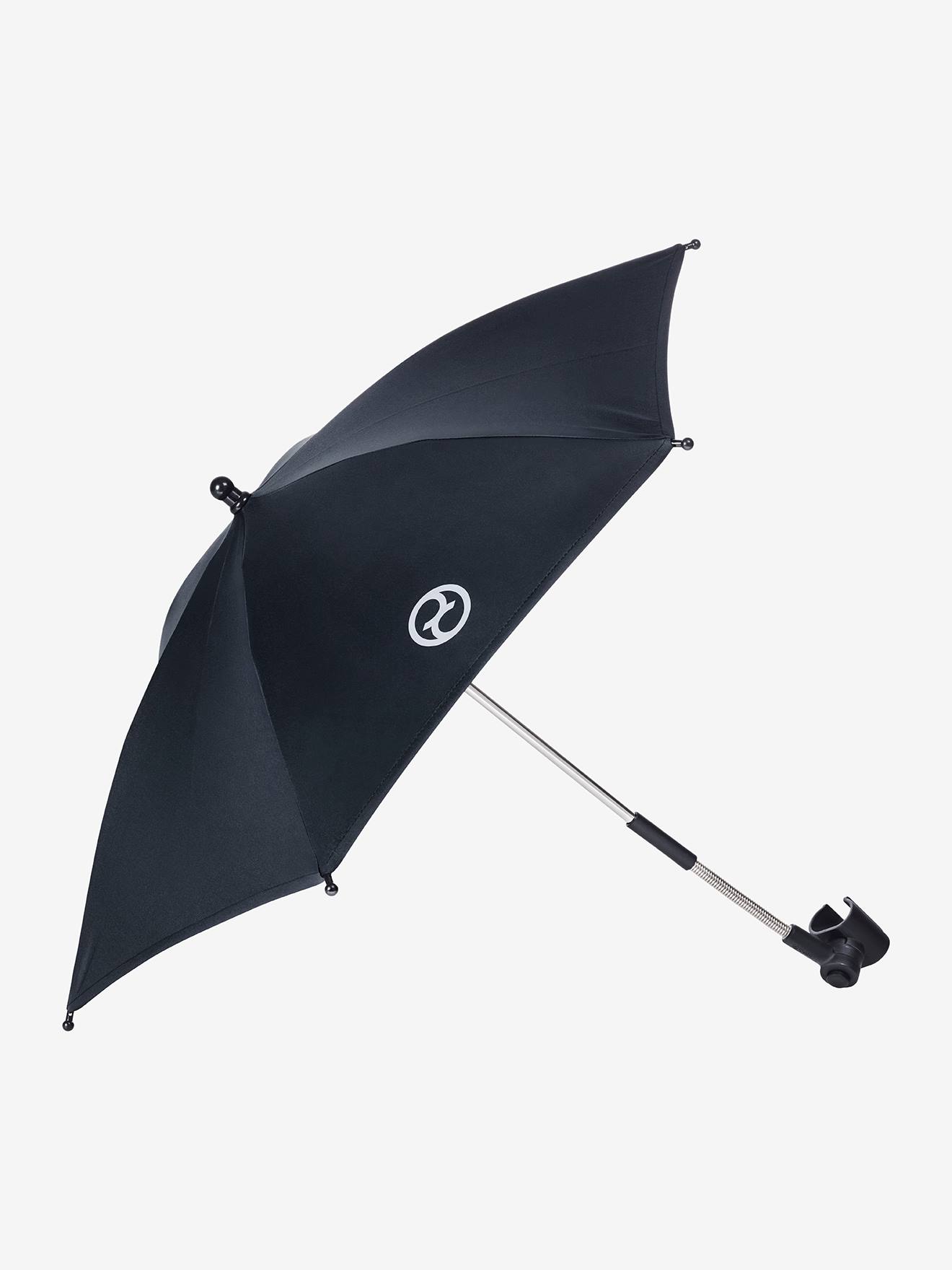Verstellbarer Buggy-Sonnenschirm in Schwarz von Cybex, mit einem stabilen Metallgestell und einem praktischen Halter, ideal für Sonnenschutz unterwegs.