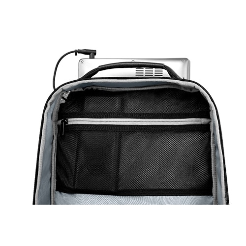 Dell Premier Slim Backpack 15 features a sleek black design with a spacious interior, mesh pockets for organization, and a padded compartment for laptops.