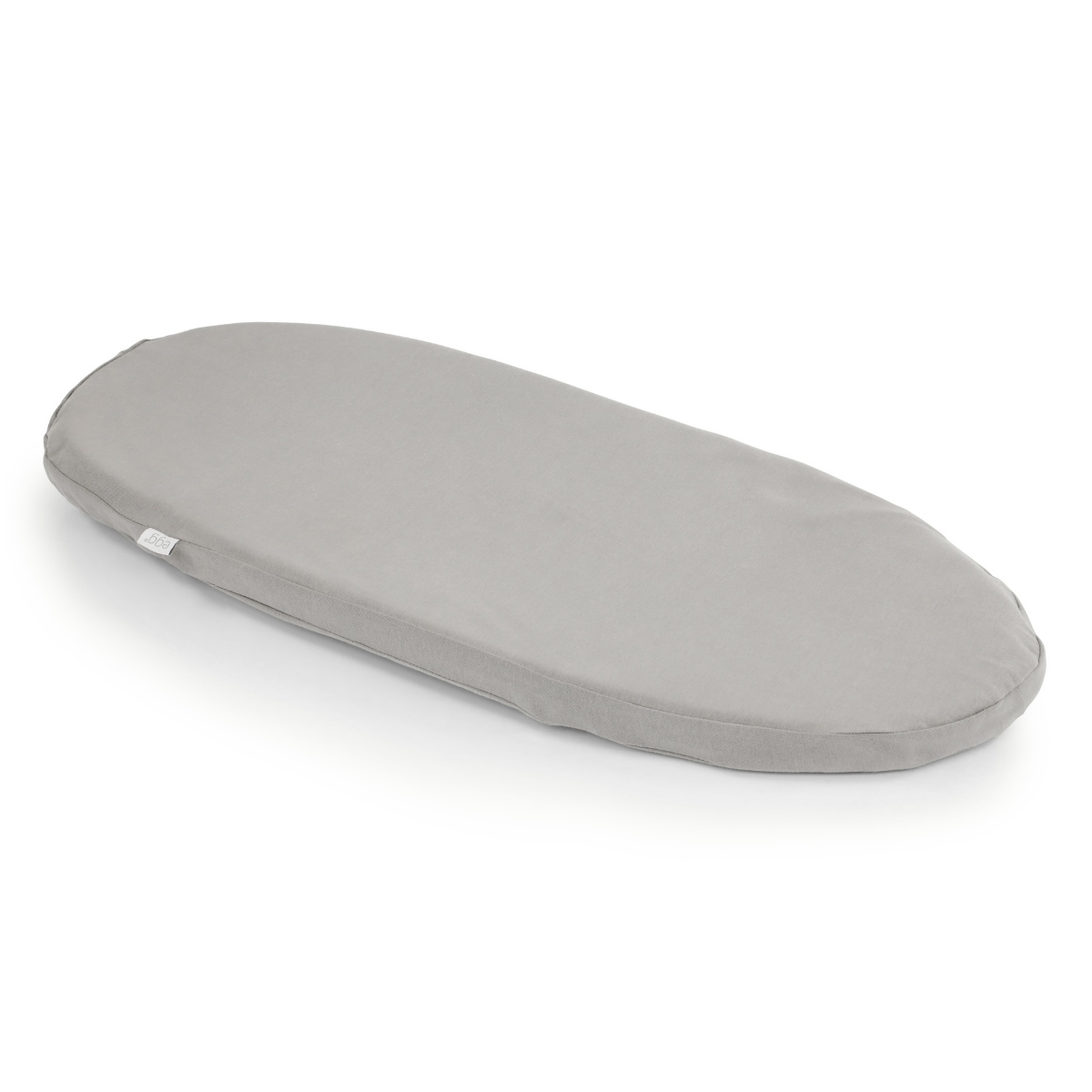Light grey fitted carrycot sheet with a soft, smooth fabric texture, designed for Egg Egg 2 carrycots, showcasing a sleek oval shape for a snug fit.