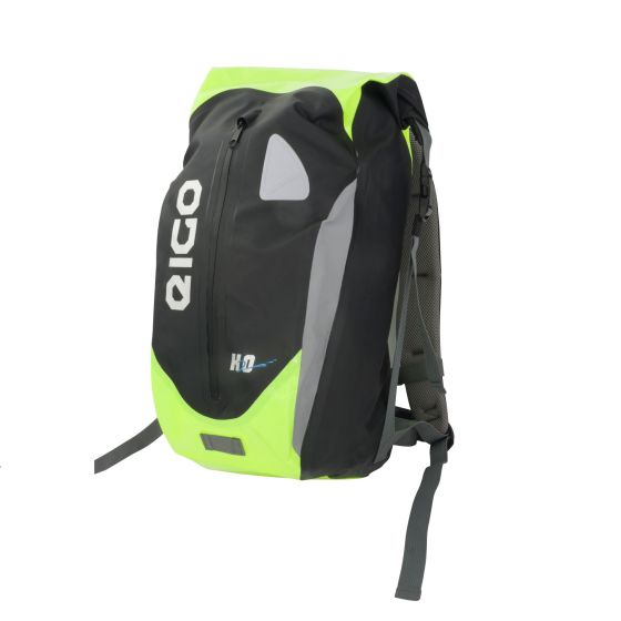 Black waterproof backpack with bright yellow accents, featuring a roll-top closure, reflective details, adjustable straps, and a 30-litre capacity, designed for outdoor use.