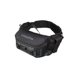 Black Ergon BA Hip Pack made of durable material, featuring adjustable straps, multiple pockets, and a sleek design with the "ERGON" logo prominently displayed.