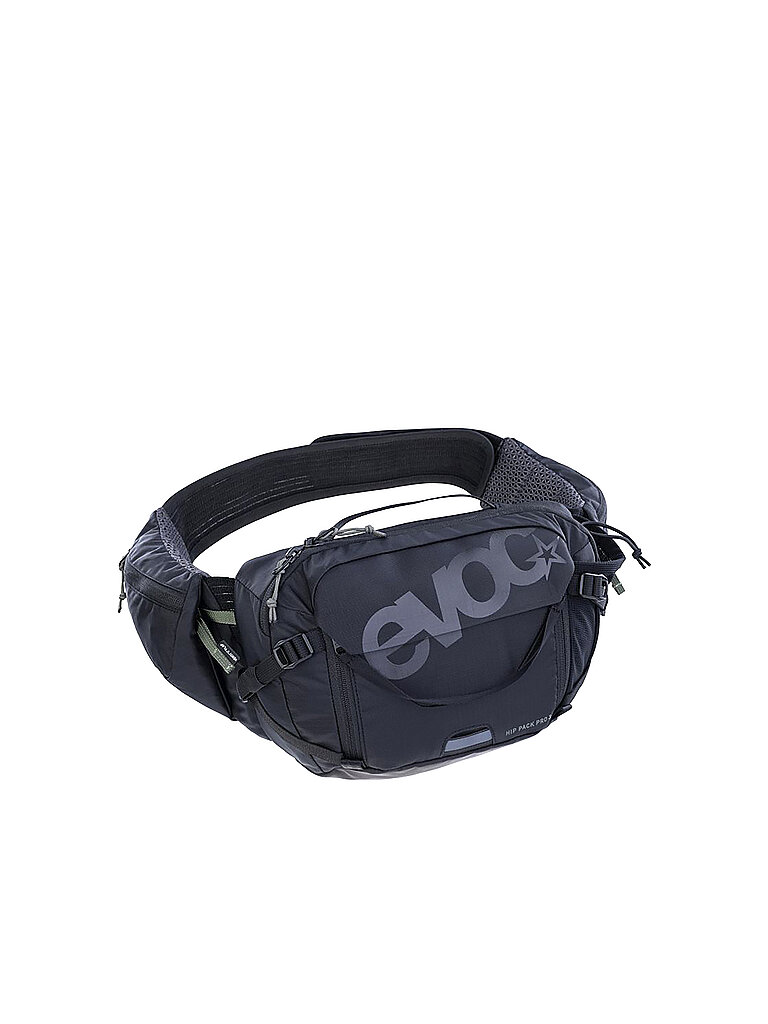 Black Evoc Hip Pack Pro 3L featuring a durable fabric, adjustable straps, a large logo, and multiple compartments for storage.
