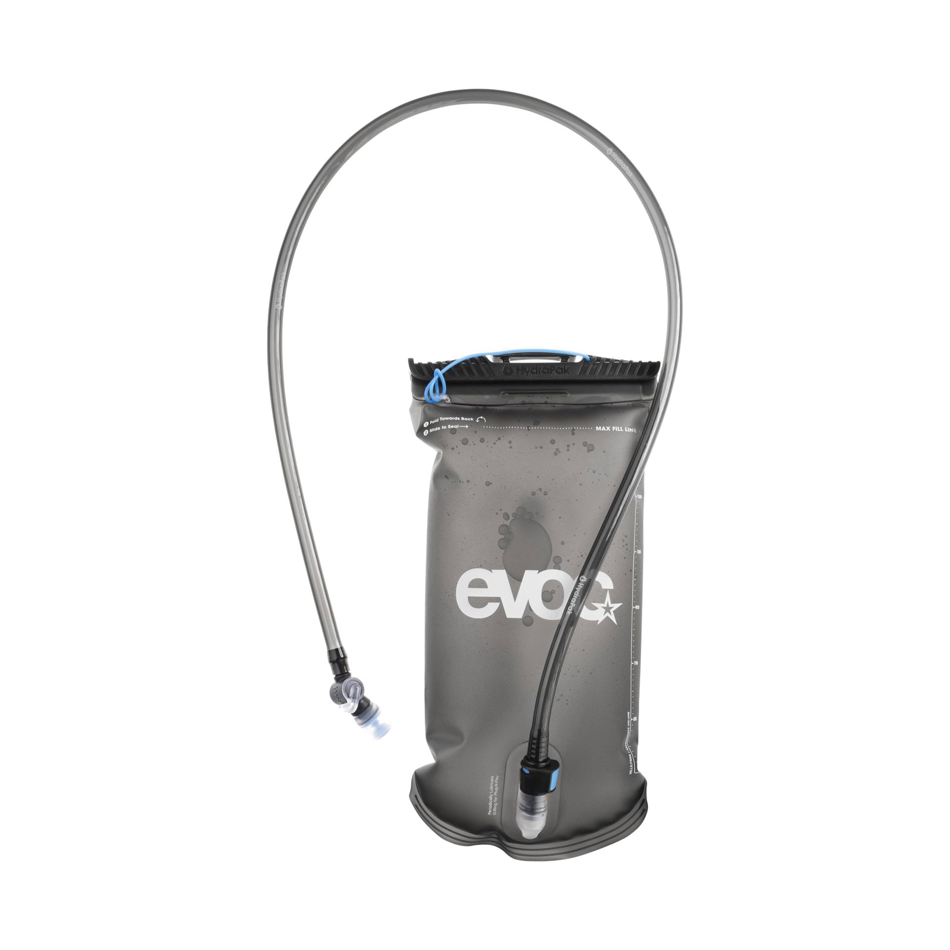 Black 1.5-litre hydration bladder with a blue top and hose, featuring a bite valve and measurement markings on the side for easy filling and monitoring.