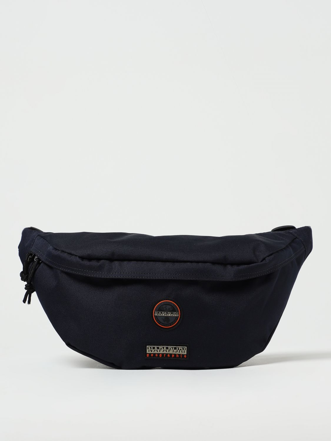 Navy blue fanny pack by Napapijri, made of durable material, featuring a zip closure, adjustable strap, and a logo patch on the front.