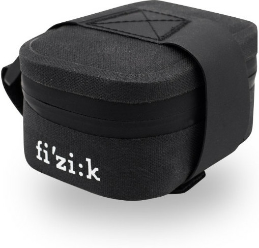 Black Fizik saddle bag made of durable material, featuring a secure strap, a compact design, and the brand name "fi'zi:k" prominently displayed on the side.