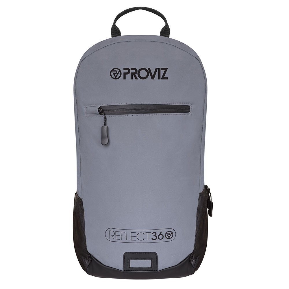 Gray fully reflective 20L backpack by Proviz, featuring a sleek design, a zippered front pocket, and a durable black bottom panel for added stability.