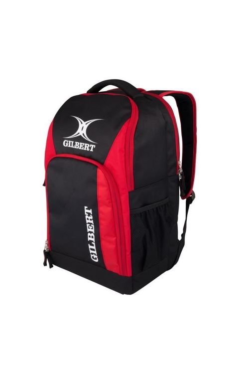 Black and red rucksack featuring the Gilbert Rugby logo, with padded shoulder straps, a front zip pocket, and mesh side pockets for storage.