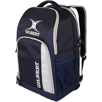 Black rucksack with grey accents, featuring the Gilbert Rugby logo, a front zip pocket, side mesh pocket, and padded shoulder straps for comfort.