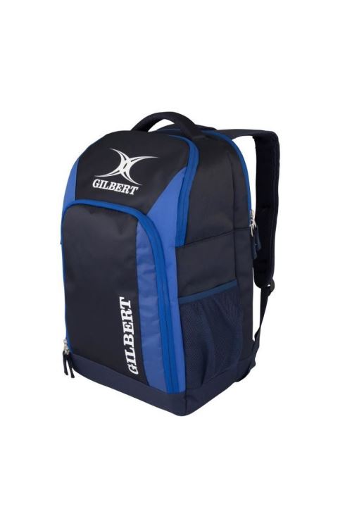 Black and blue rucksack featuring the Gilbert Rugby logo, made from durable material, with padded shoulder straps, a front zip pocket, and a mesh side pocket.