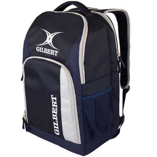 Black rucksack with grey accents, featuring the Gilbert logo, a front zip pocket, side mesh pocket, padded shoulder straps, and a durable fabric design.