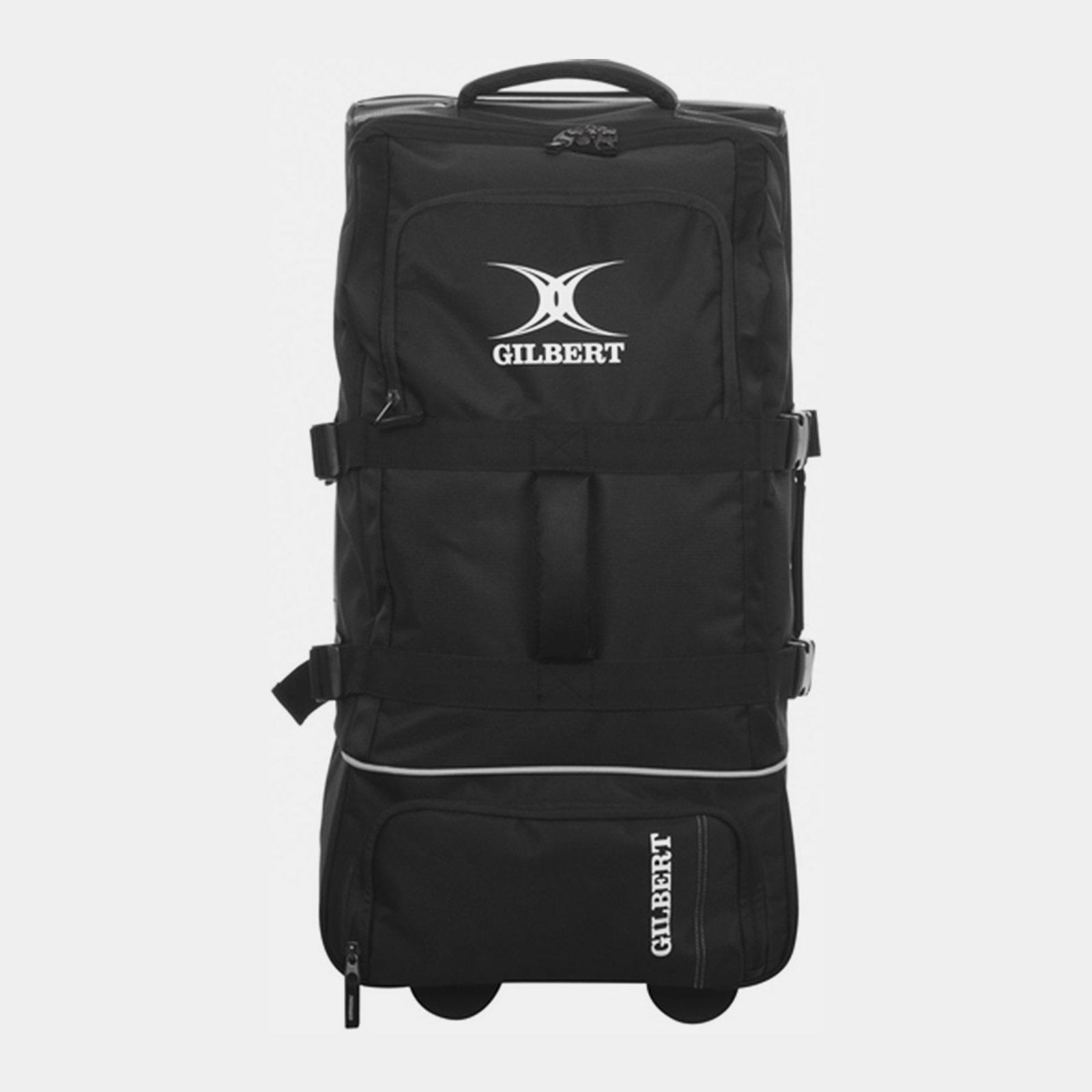 Black rugby tour bag with wheels, featuring a large main compartment, adjustable straps, and the Gilbert logo prominently displayed on the front.