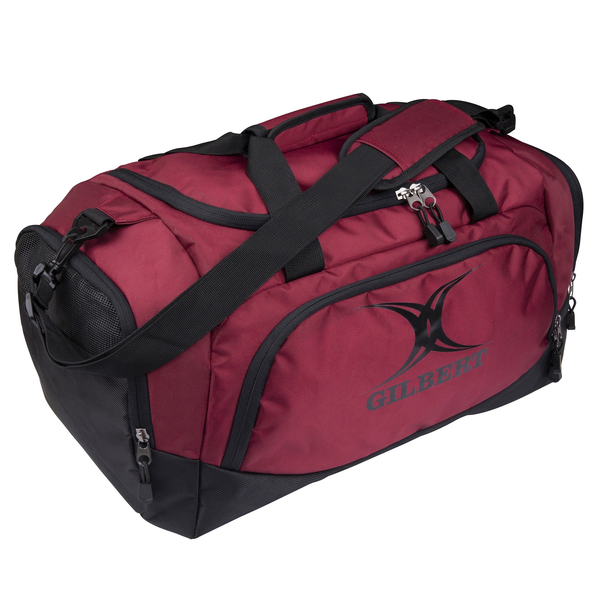 Black and maroon holdall bag by Gilbert Rugby, featuring a spacious main compartment, adjustable shoulder strap, dual handles, and the Gilbert logo prominently displayed.