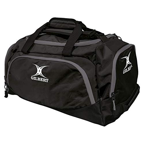 Black holdall bag by Gilbert Rugby, featuring a durable fabric, grey accents, dual handles, and a prominent white Gilbert logo on the side.