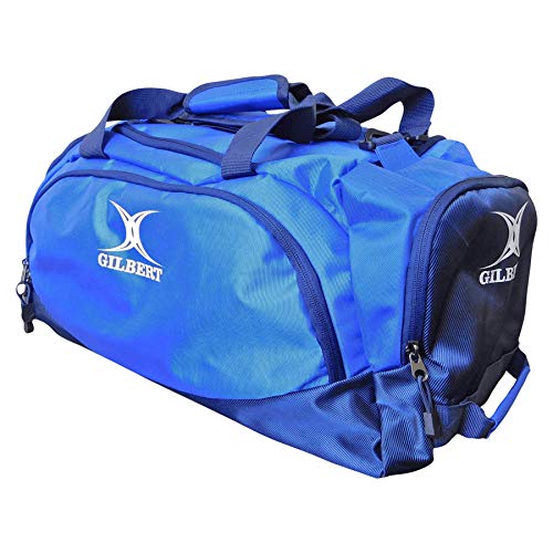 Black holdall bag by Gilbert Rugby featuring a spacious main compartment, sturdy handles, and a sleek design with the Gilbert logo prominently displayed.