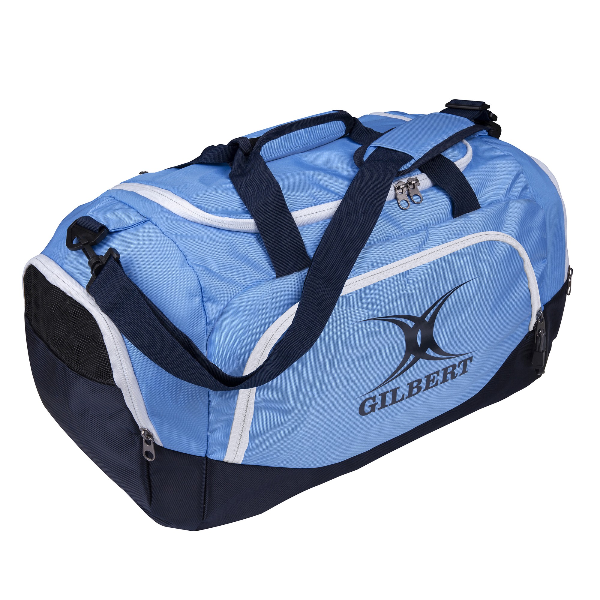 Black and blue holdall bag by Gilbert Rugby, featuring a spacious main compartment, dual carry handles, and mesh side pockets for ventilation.