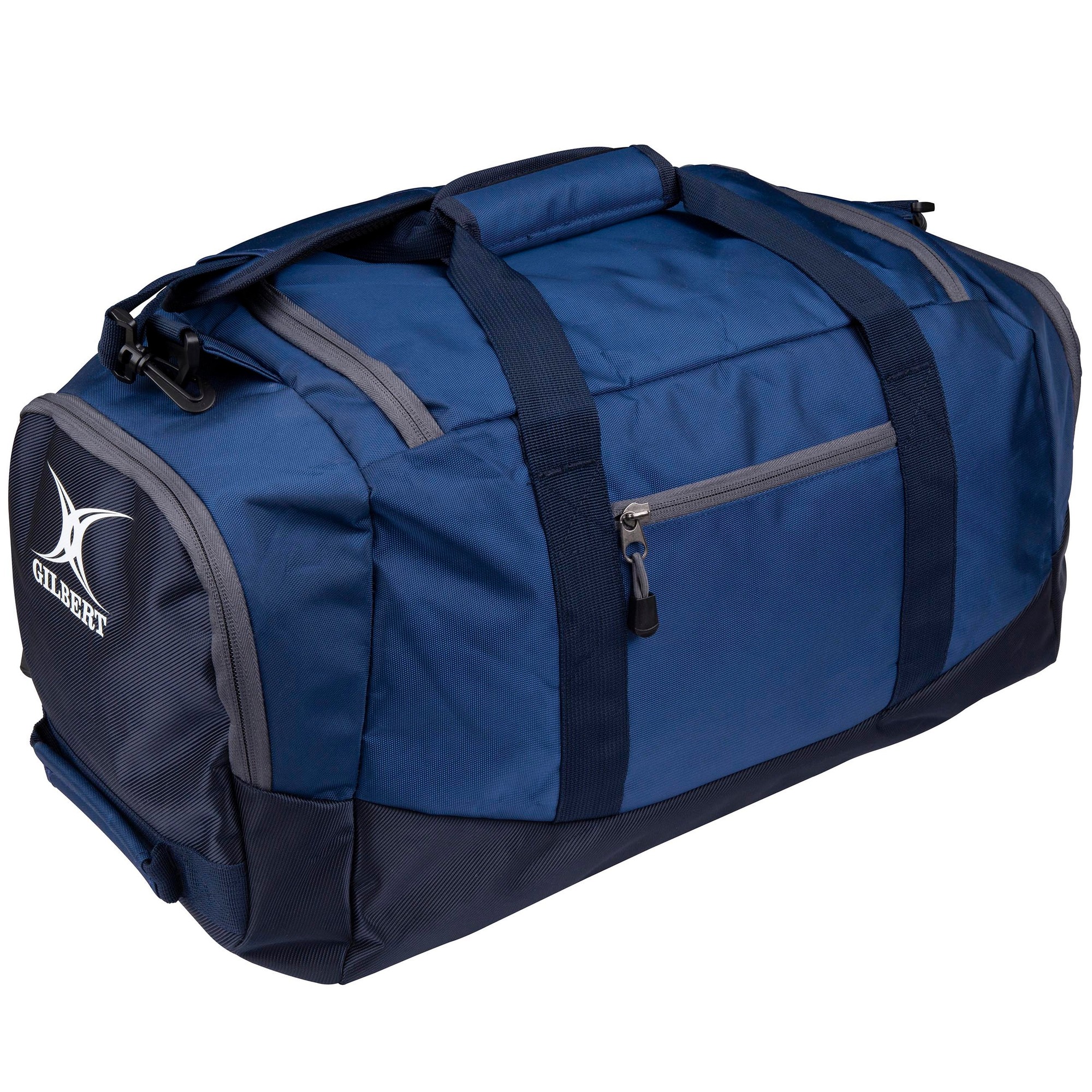 Black holdall bag by Gilbert Rugby featuring a spacious main compartment, sturdy handles, adjustable shoulder strap, and a zippered front pocket for additional storage.