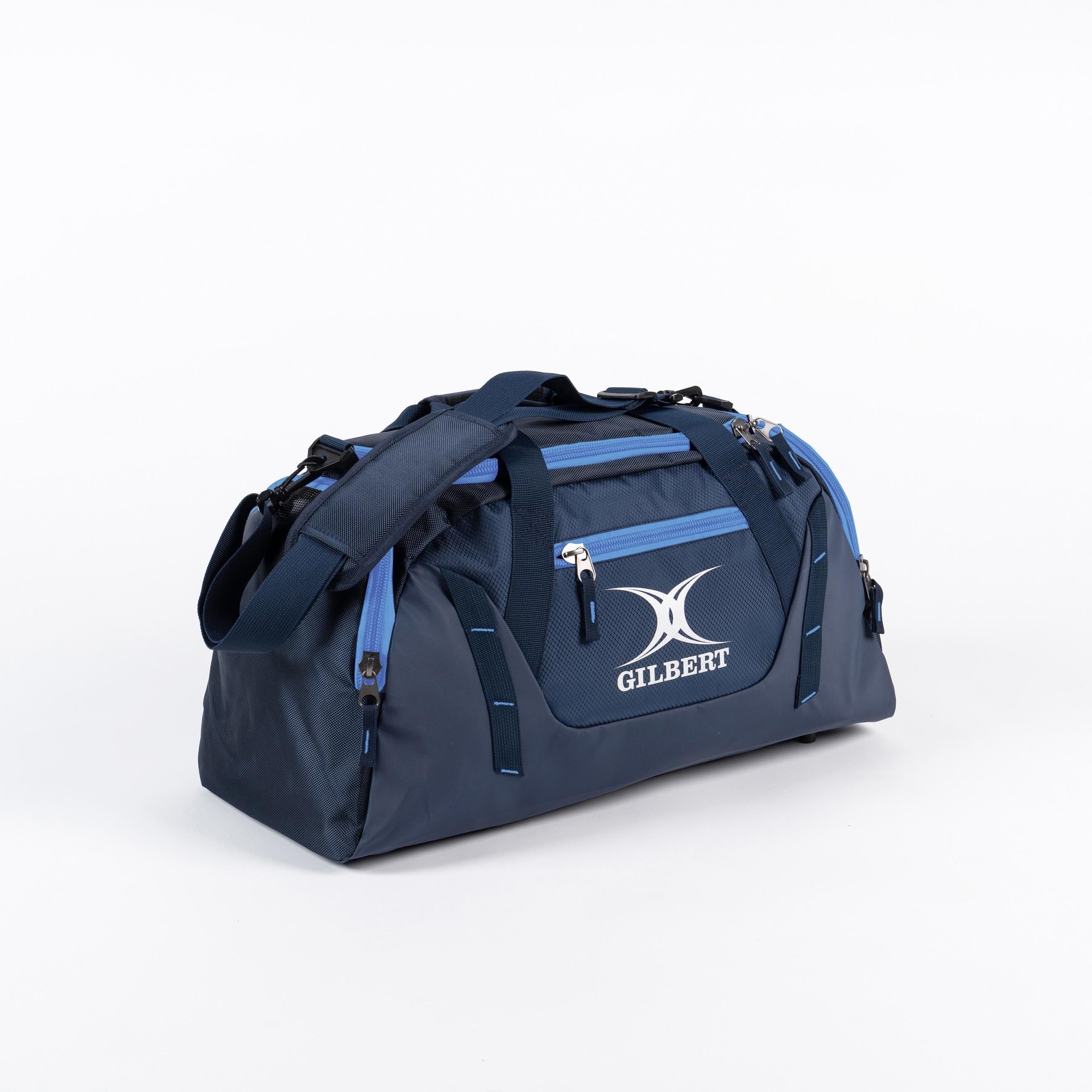 Black and blue Gilbert Rugby Club V4 Players Holdall featuring a spacious main compartment, front zip pocket, adjustable shoulder strap, and durable fabric.