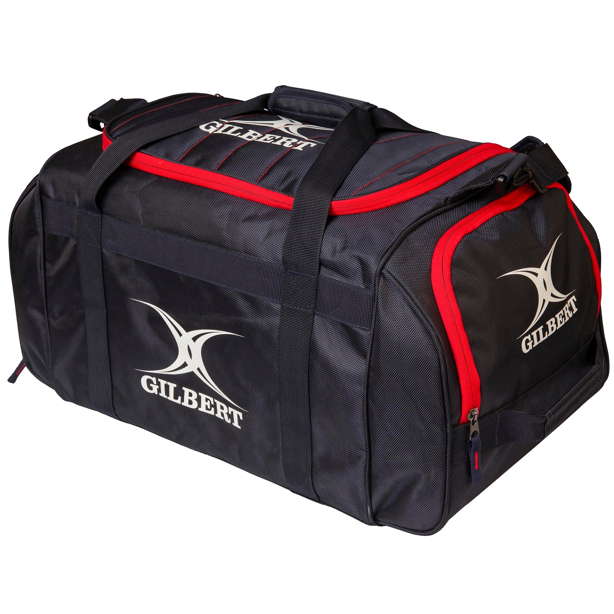 Black holdall bag with red accents, featuring the Gilbert Rugby logo, sturdy handles, and a spacious main compartment, ideal for sports gear and travel.