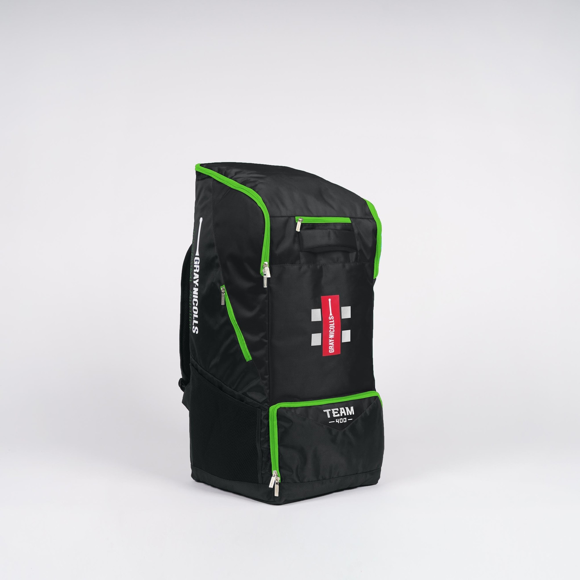 Gray-Nicolls GN Team 400 Duffle Bag in black with red and green accents, featuring a spacious main compartment, mesh side pocket, and padded shoulder straps for easy carrying.