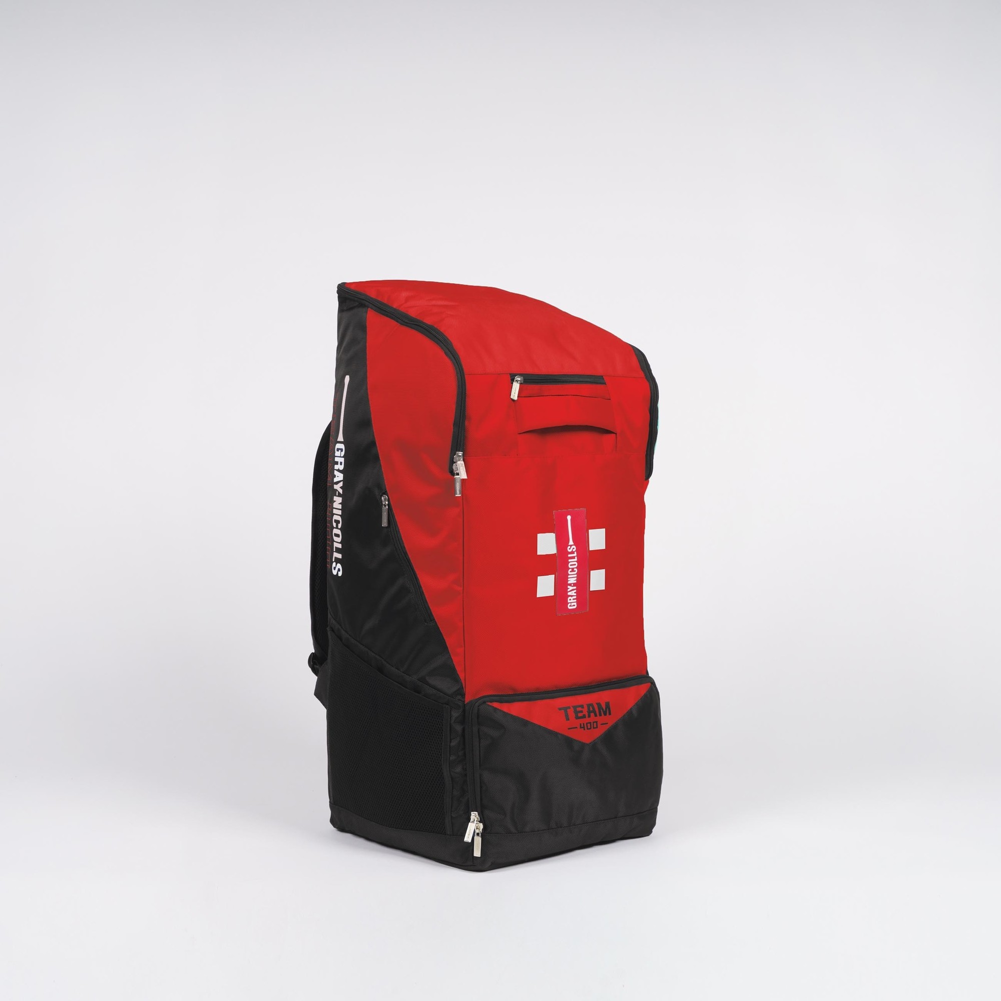 Gray-Nicolls GN Team 400 Duffle Bag in black and red, featuring a spacious design, zippered compartments, mesh side pocket, and bold branding on the front.