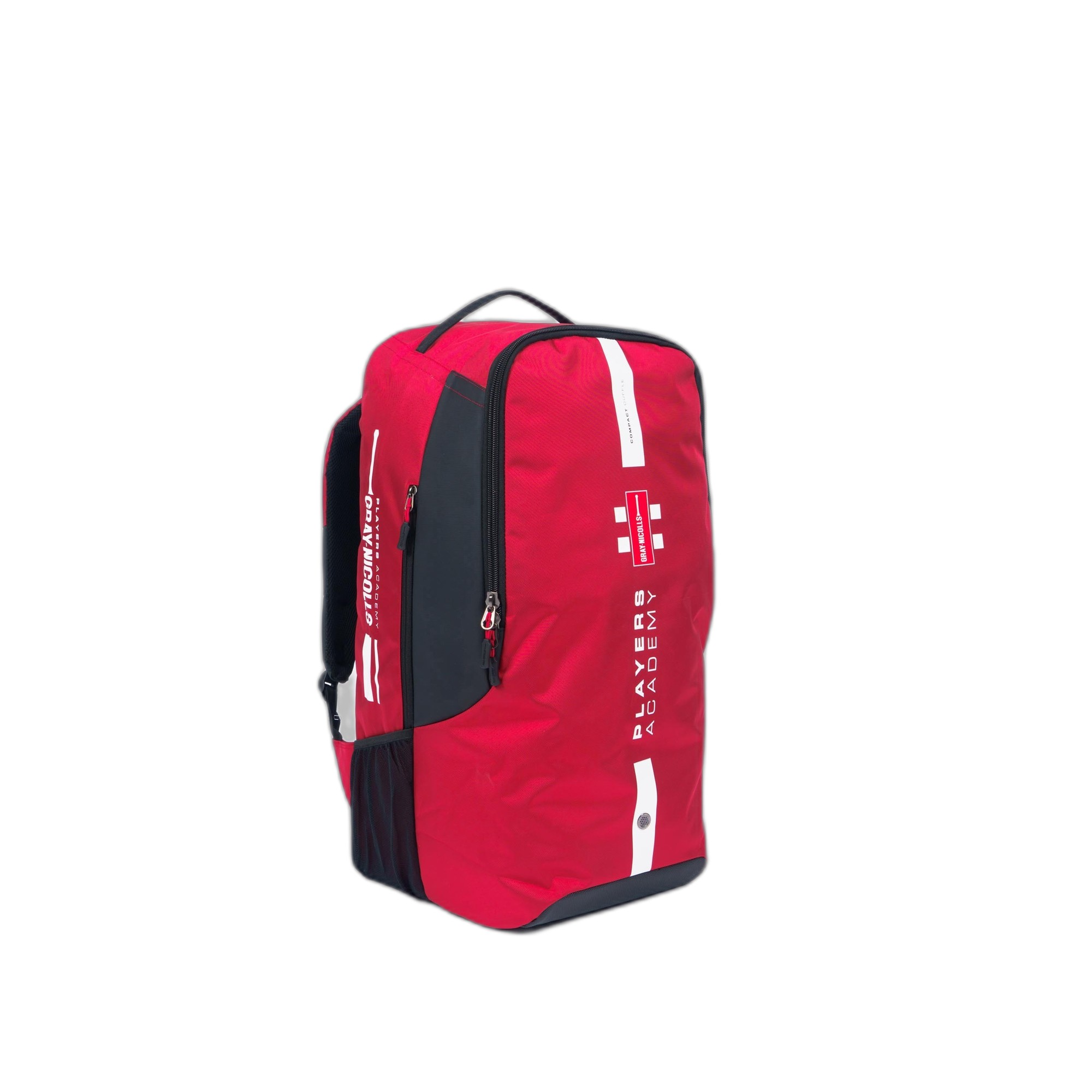 Red Gray-Nicolls Players Academy duffle bag featuring a sleek design, black accents, a top handle, and a zippered main compartment for sports gear.