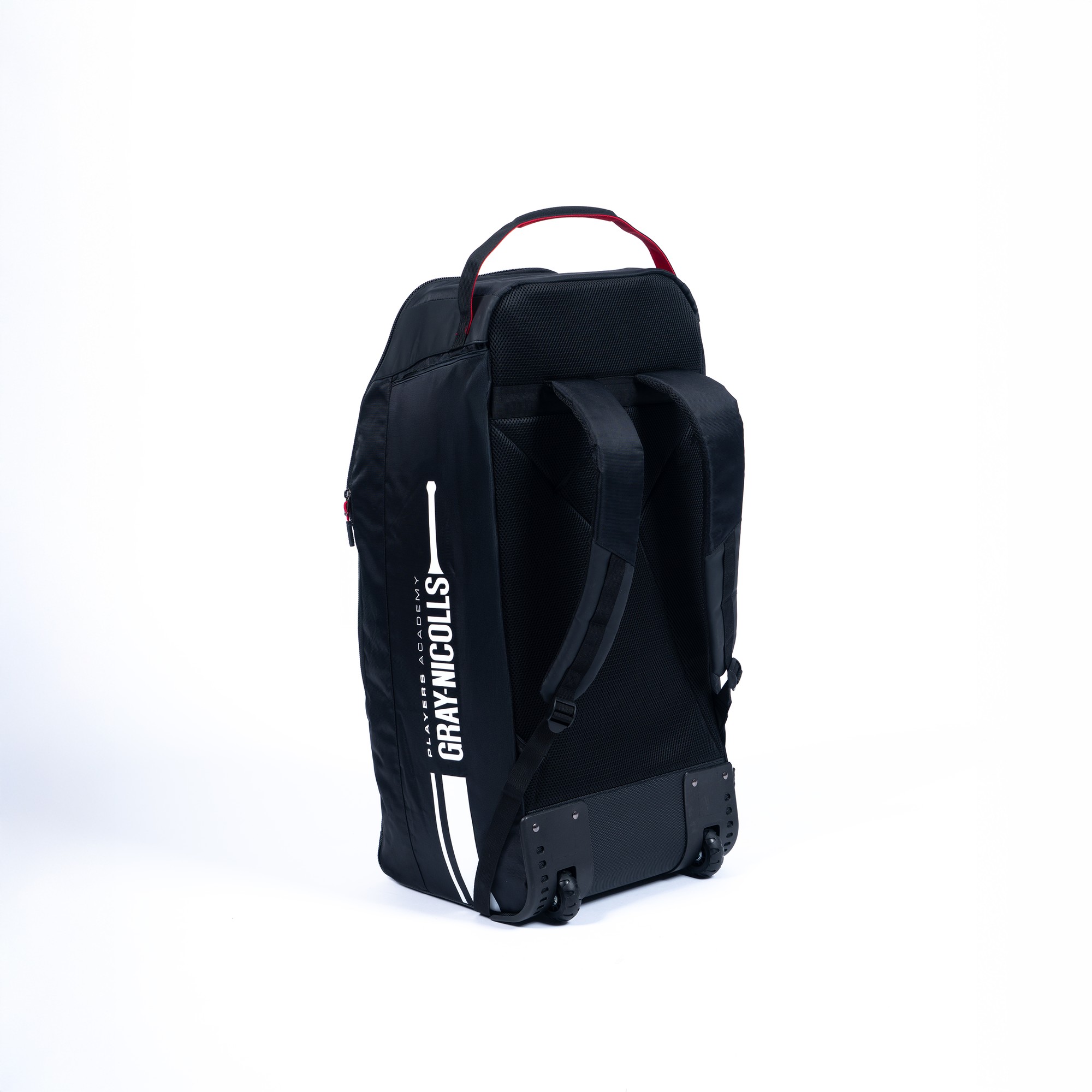 Black Gray-Nicolls Players Academy wheelie duffle bag with red accents, durable material, retractable handle, and wheels for easy transport, featuring the brand logo prominently displayed.