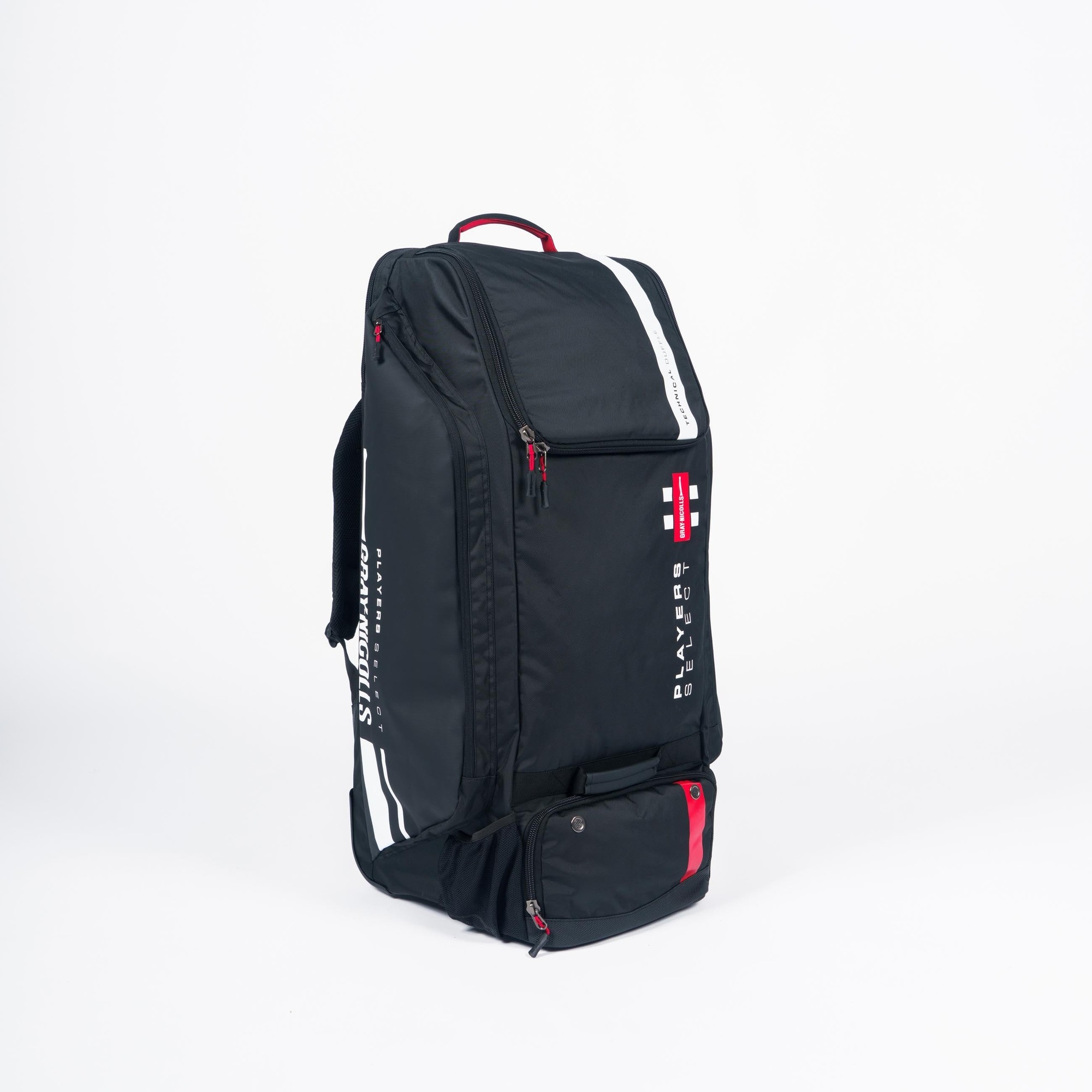 Gray-Nicolls Players Select Wheelie/Duffle Bag in black, featuring red accents, durable material, multiple compartments, and a sturdy handle for easy transport.