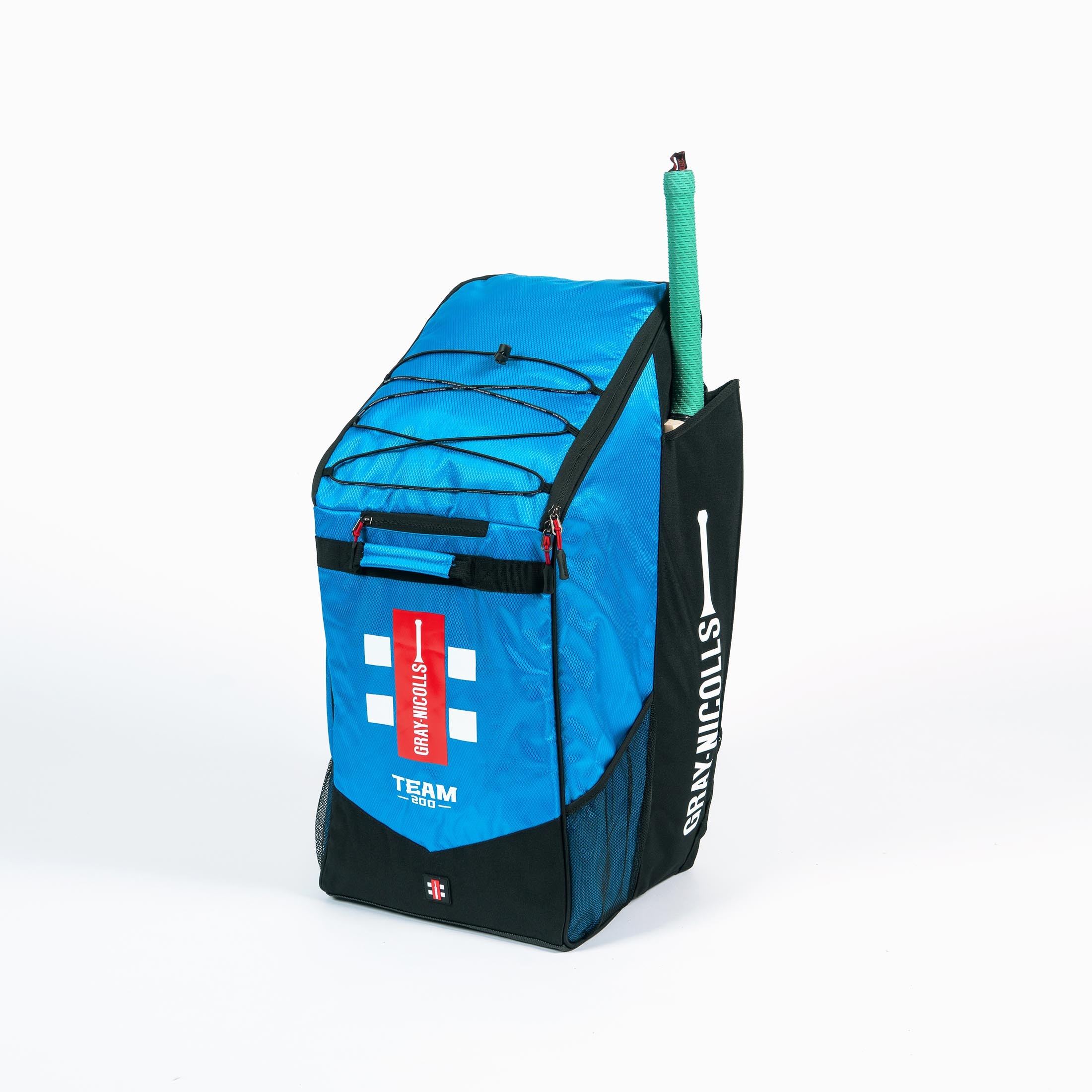 Gray-Nicolls Team 200 Duffle Bag in black and blue, featuring a zippered main compartment, side pocket, and a durable design, ideal for sports equipment and accessories.