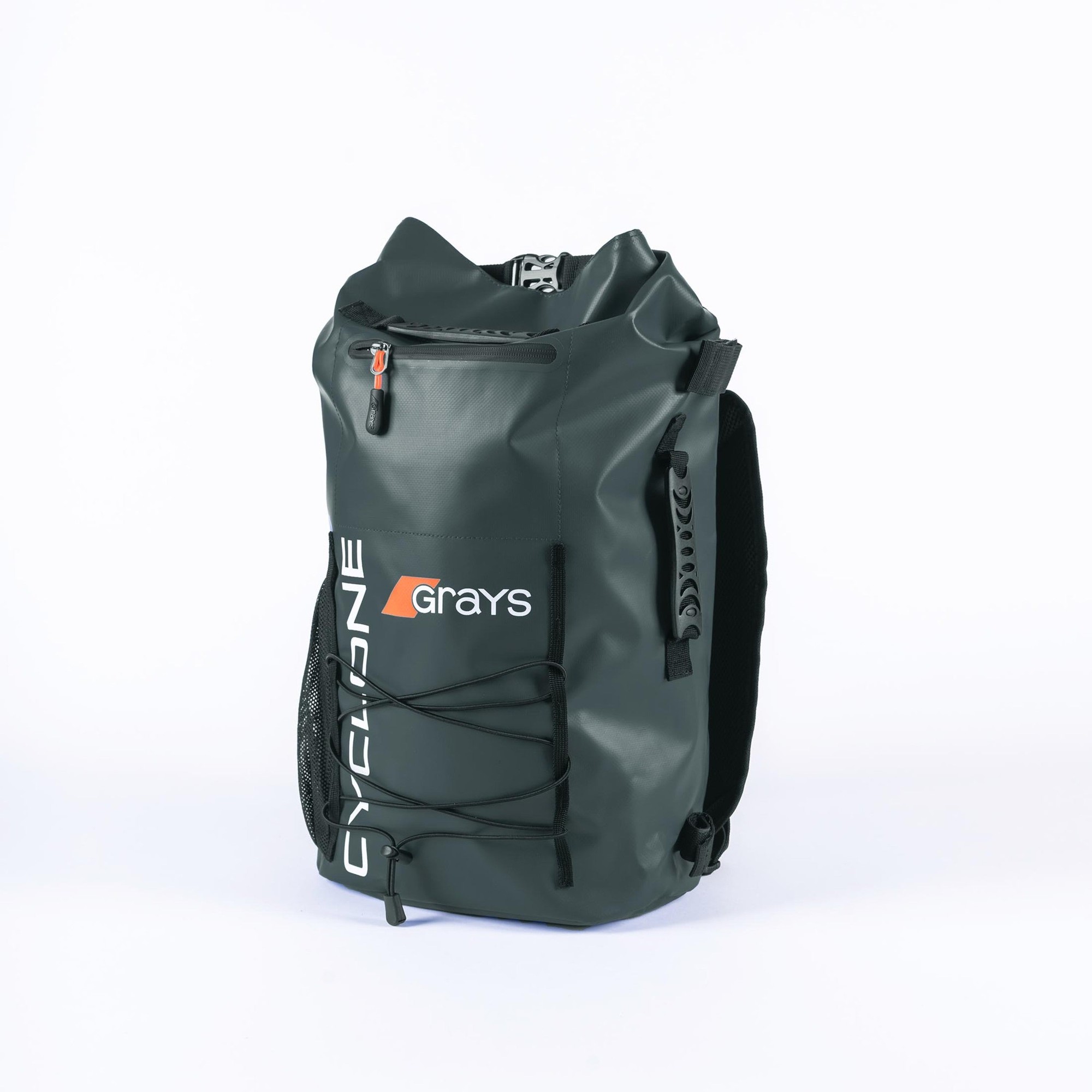 Dark grey waterproof rucksack with a roll-top closure, featuring a front bungee cord, mesh side pocket, and padded shoulder straps, branded with the Grays logo.