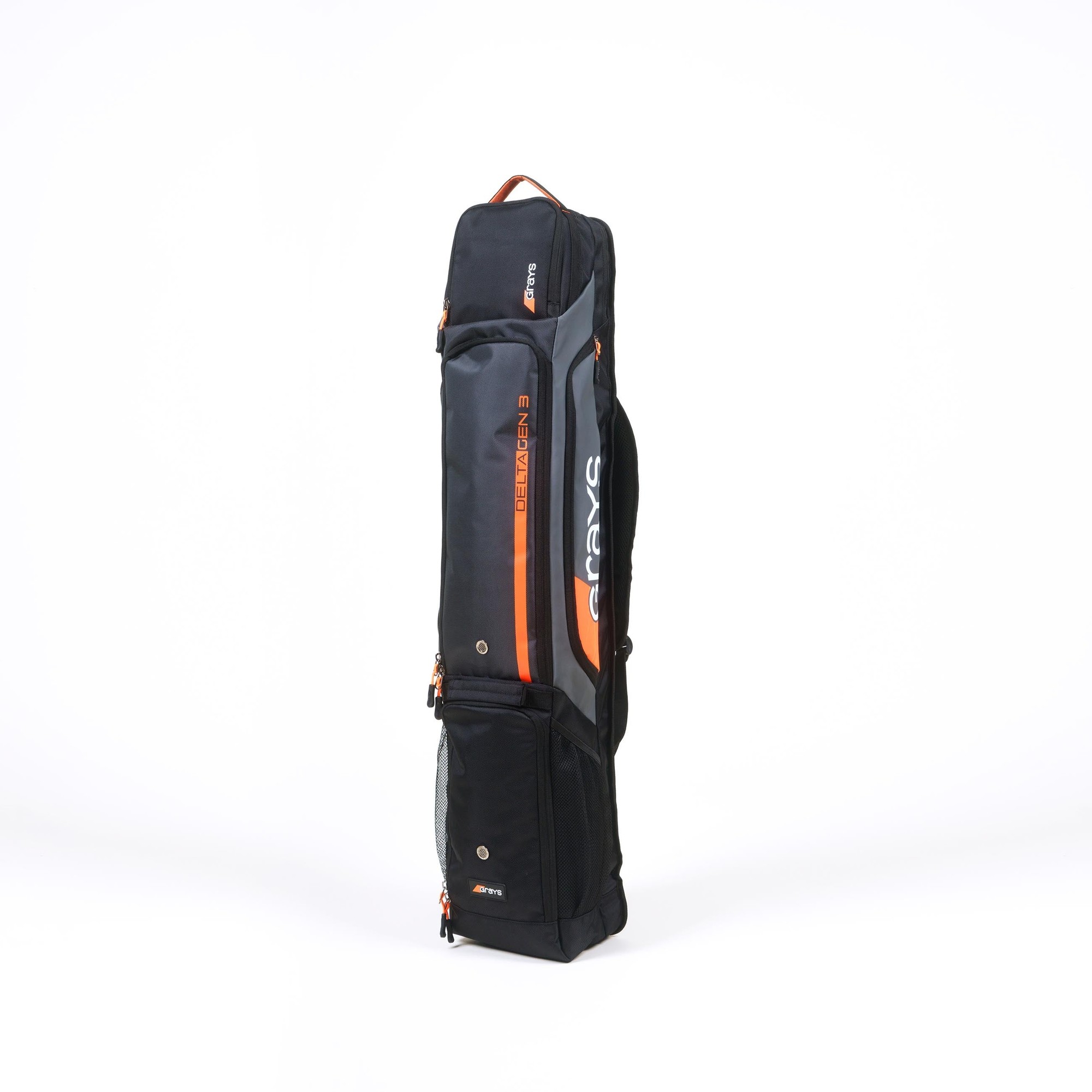 Black Grays Delta Gen3 Kitbag featuring orange accents, durable material, multiple compartments, and a sleek design, ideal for hockey gear storage and transport.