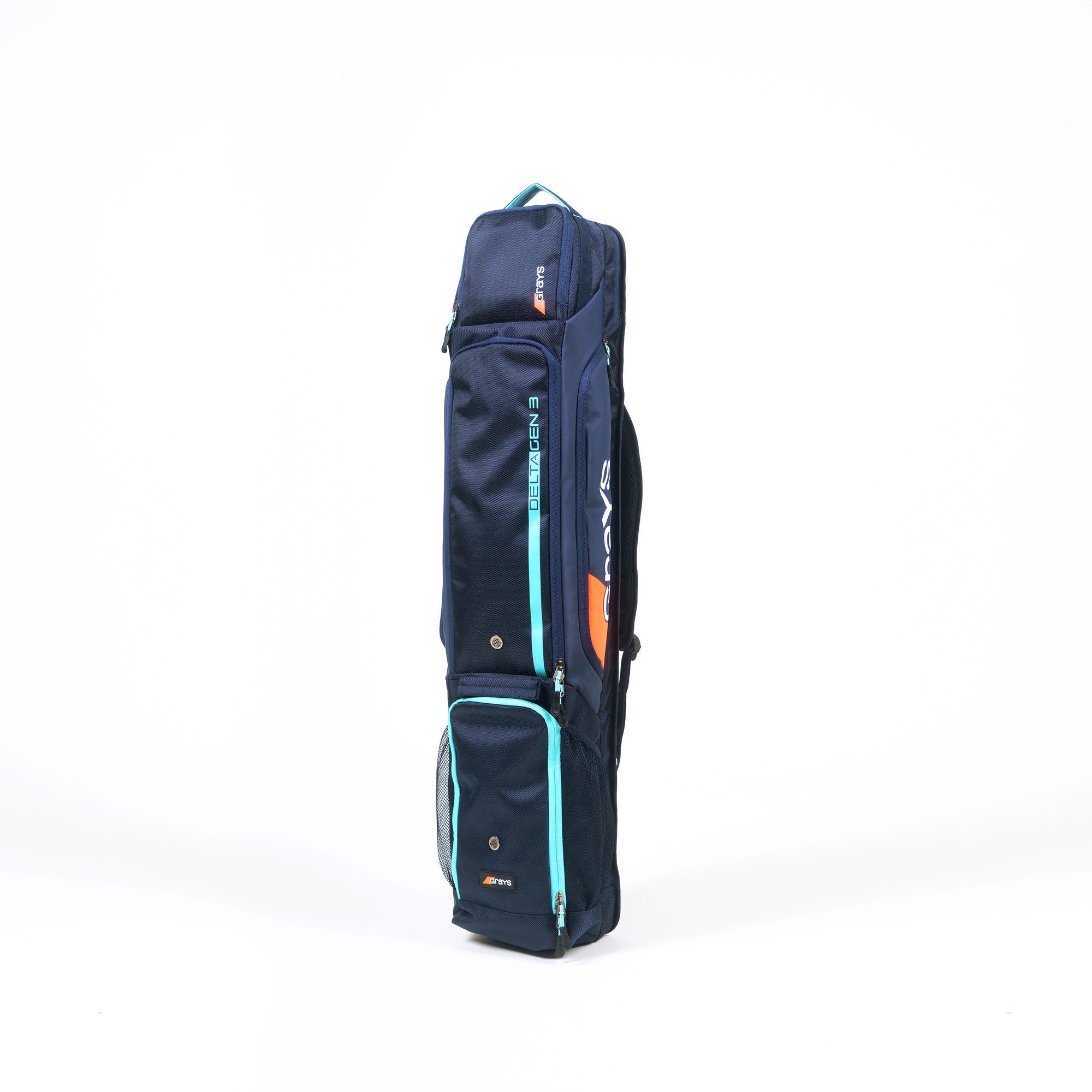 Black Grays Delta Gen3 Kitbag featuring multiple compartments, a sleek design, durable material, and contrasting turquoise and orange accents for easy visibility.