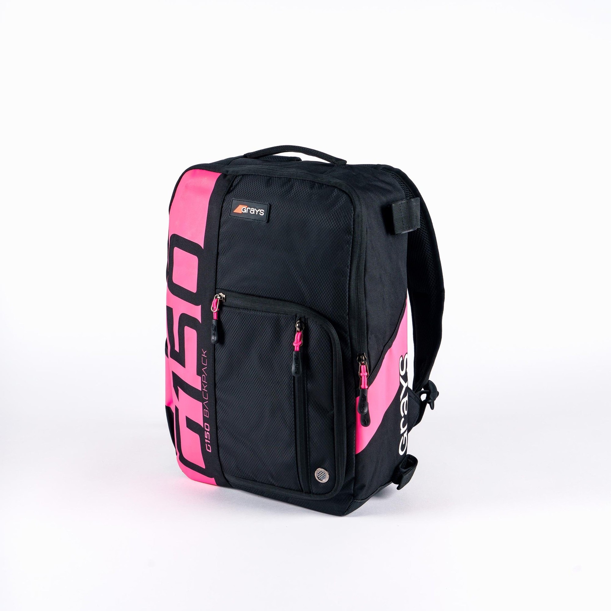 Black rucksack with pink accents, featuring a large front pocket, padded shoulder straps, and the "G150" logo prominently displayed on the side.