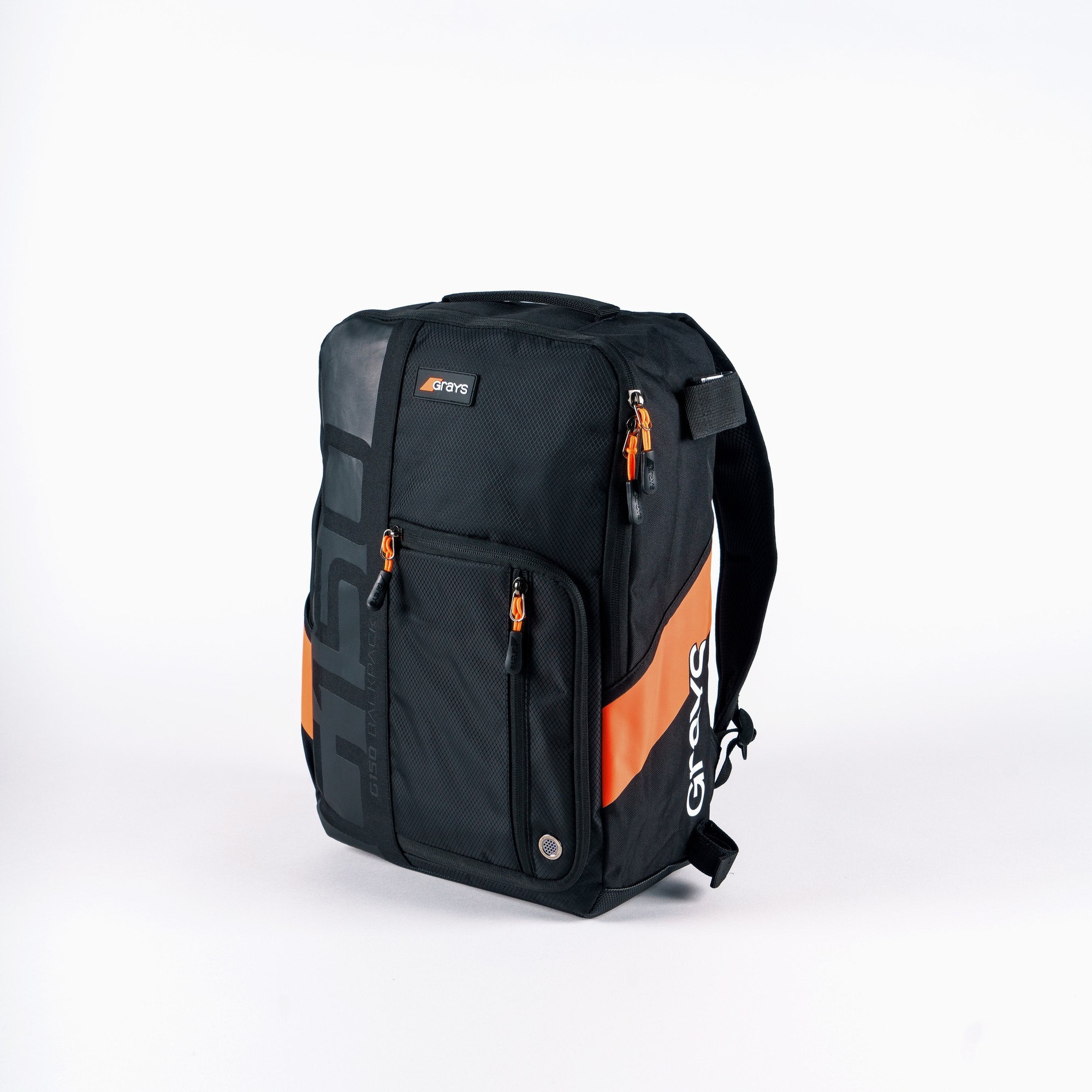 Black Grays G150 rucksack featuring a durable fabric, orange accents, multiple zippered pockets, padded shoulder straps, and a sleek, modern design.