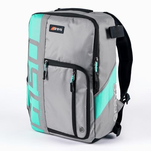 Black rucksack by Grays Hockey featuring a sleek design, durable material, adjustable straps, and multiple zippered compartments for storage.