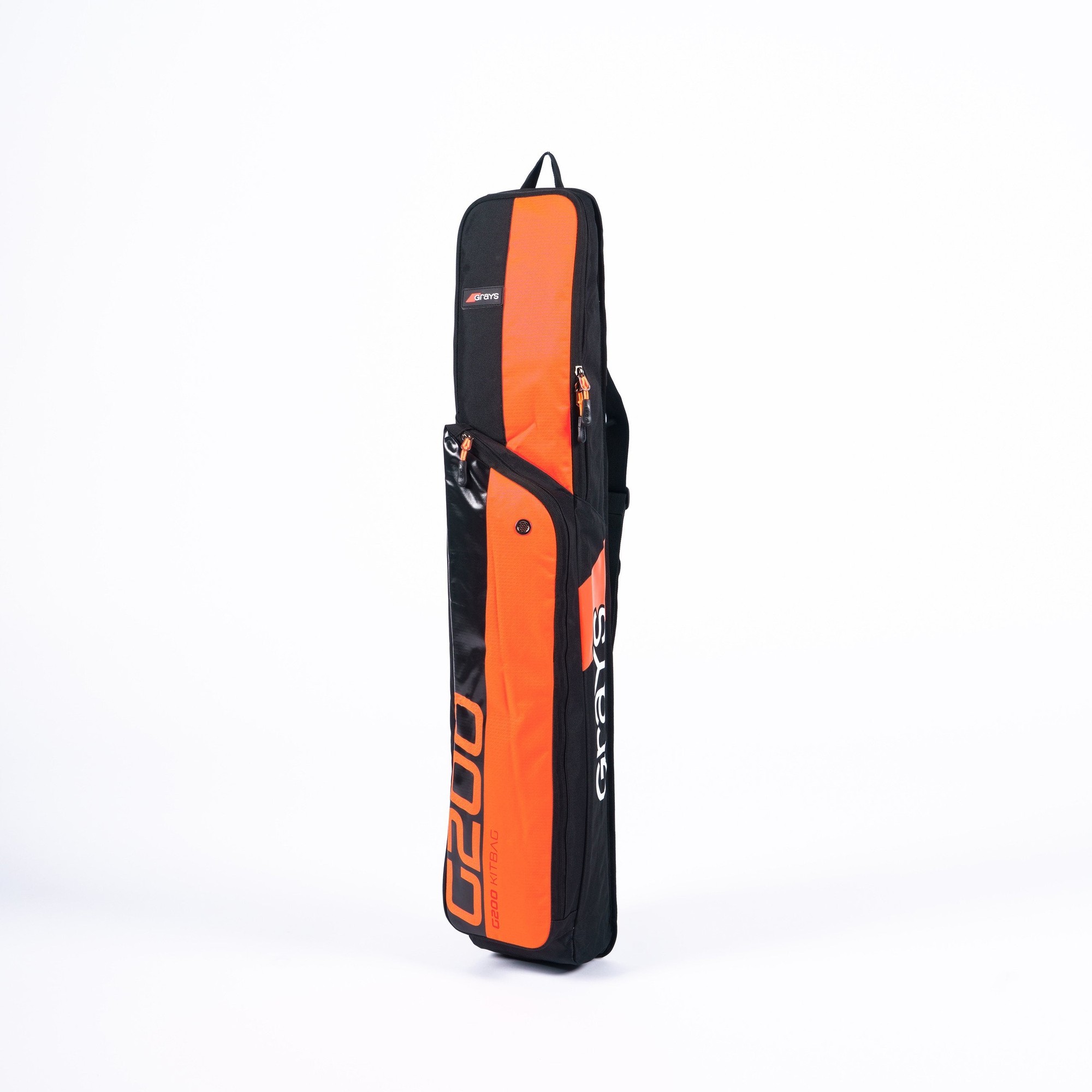 Black and orange Grays G200 stick bag featuring a sleek design, durable material, a zippered compartment, and an adjustable shoulder strap for easy carrying.