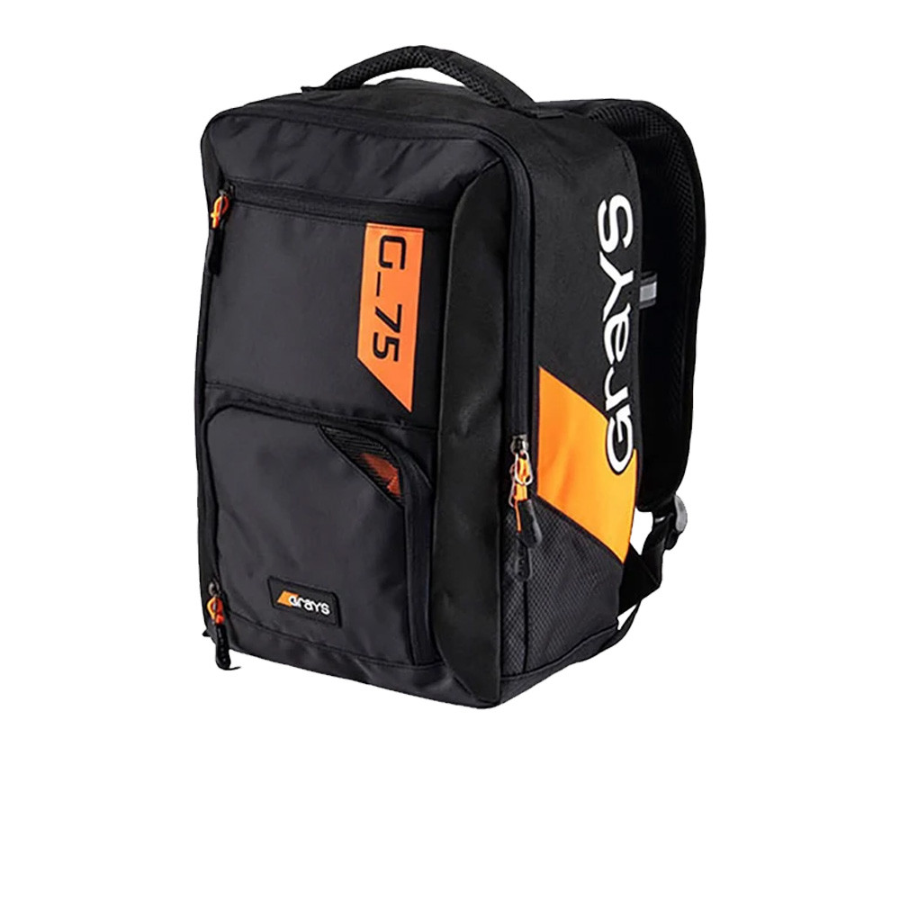 Black Grays G75 rucksack featuring an orange logo and accents, multiple compartments, a padded back, and adjustable shoulder straps for comfort and storage.