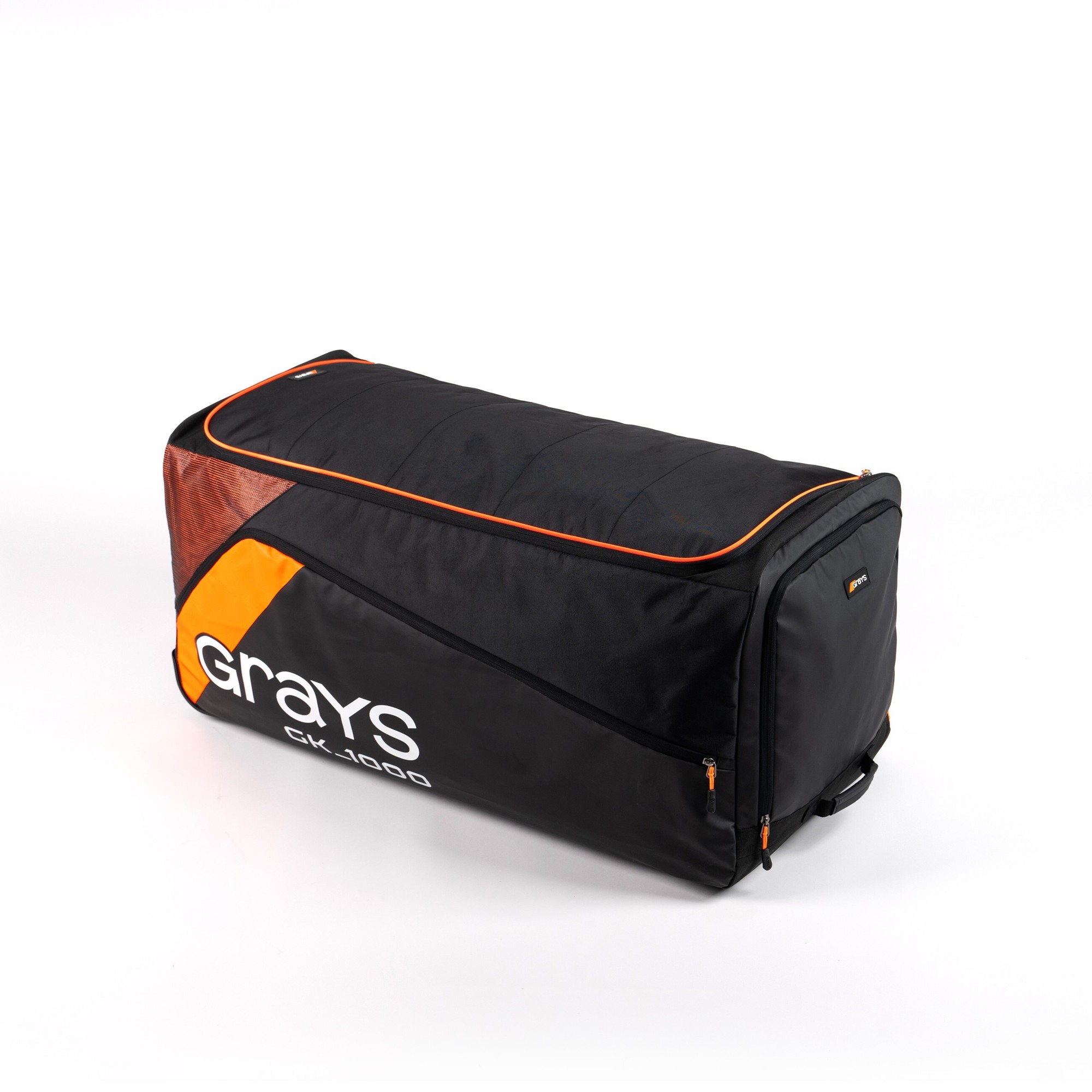 Black goalkeeping holdall with orange accents, featuring a large main compartment, sturdy handles, and the "Grays GK1000" logo prominently displayed on the side.