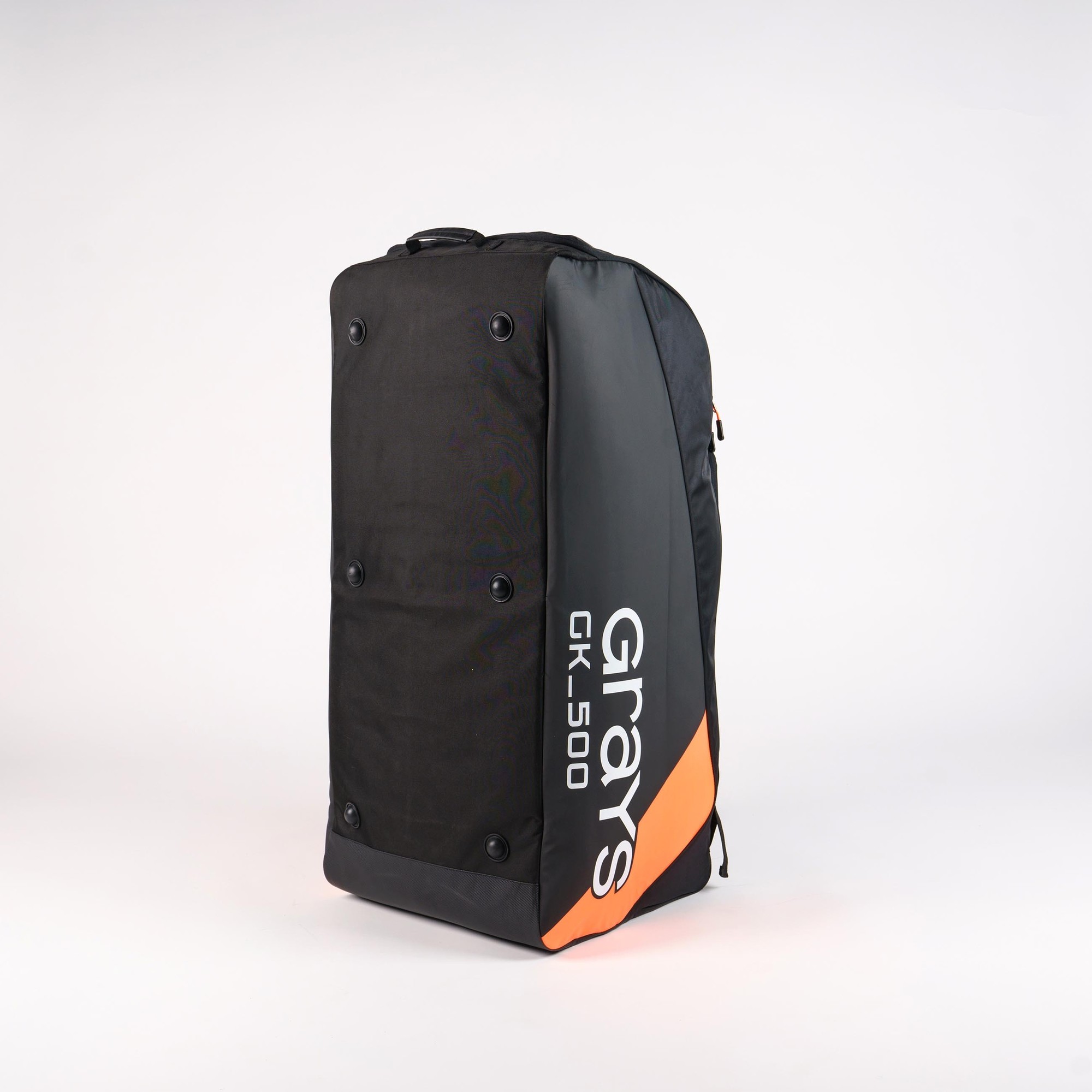 Black duffle bag with orange accents, featuring the "Grays GK500" logo, made of durable material, designed for goalies with reinforced base and sturdy zippers.