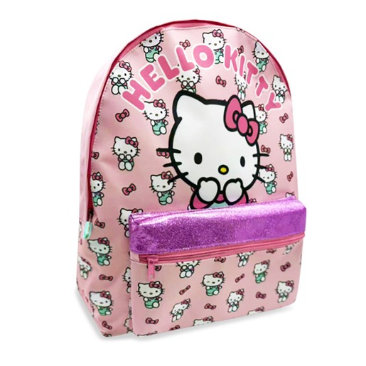 Pink Hello Kitty backpack featuring a large graphic of Hello Kitty with a bow, adorned with small Hello Kitty faces, and a shiny purple front pocket.