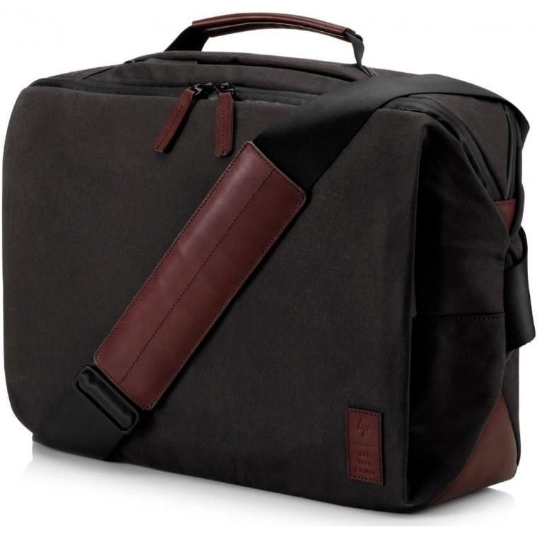 Brown HP briefcase made of durable fabric, featuring a padded shoulder strap, dual zippered compartments, and a sleek design suitable for a 15.6" laptop.