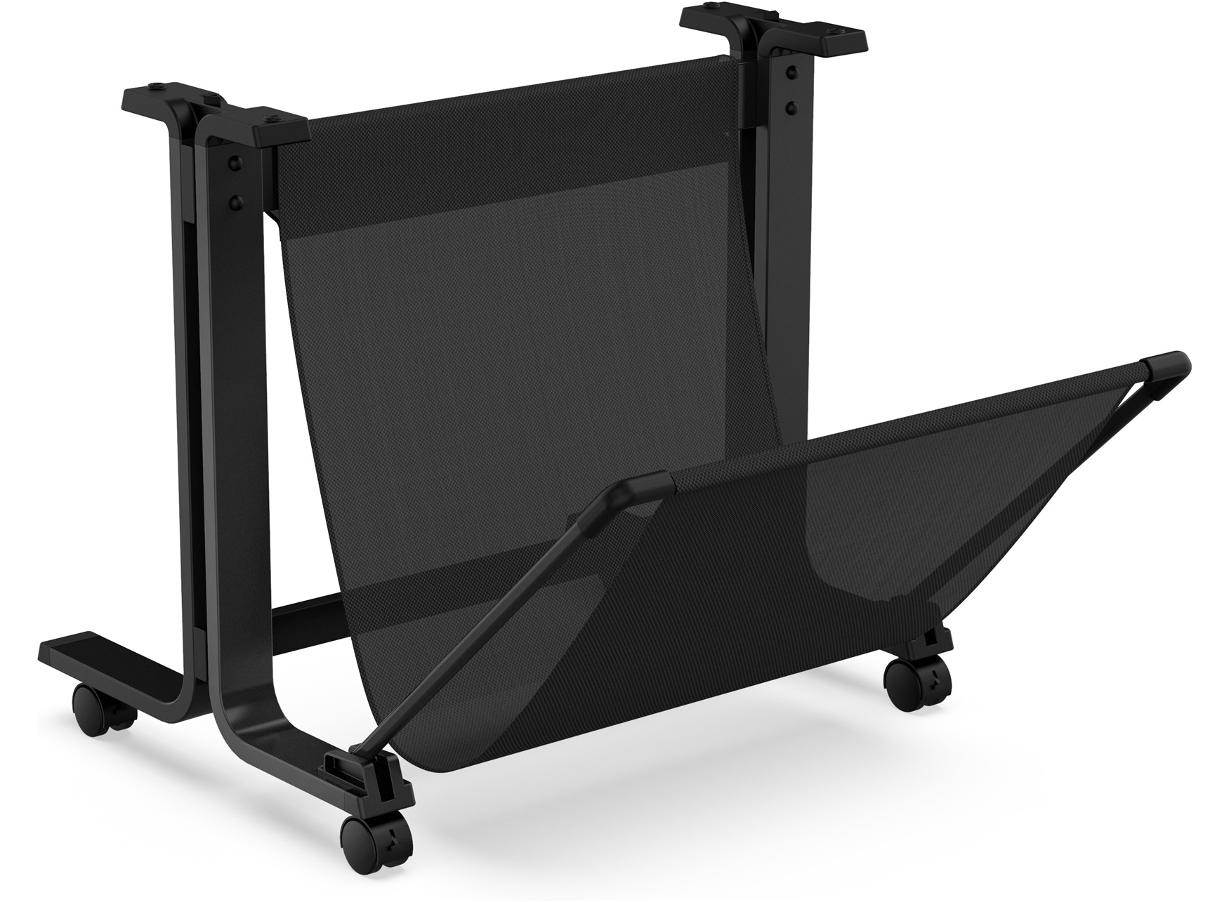 Black metal printer stand with a mesh shelf, designed for HP DesignJet T200/T600 24-in printers, featuring rolling wheels for mobility and a sturdy frame.