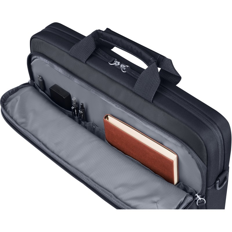 Black HP Everyday 14-inch laptop bag featuring a padded interior, multiple pockets for accessories, and a sturdy top handle for easy carrying.