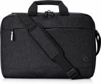 Black, textured fabric laptop bag with a padded compartment for a 17.3-inch laptop, dual top handles, adjustable shoulder strap, and front zip pocket.